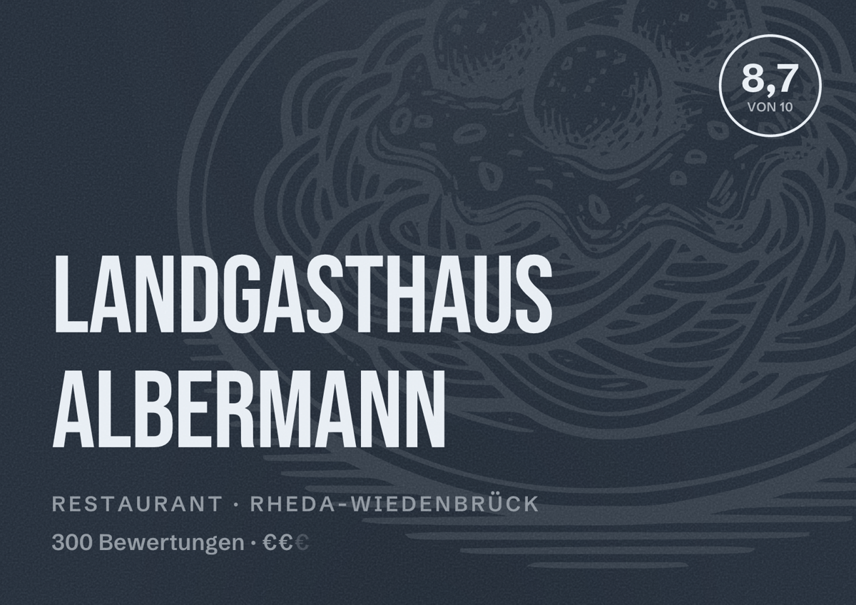 Illustriertes Poster von Landgasthaus Albermann, Restaurant in Rheda-Wiedenbrück: Bewertung 8,7 von 10 aus 300 Bewertungen, Preisniveau €€