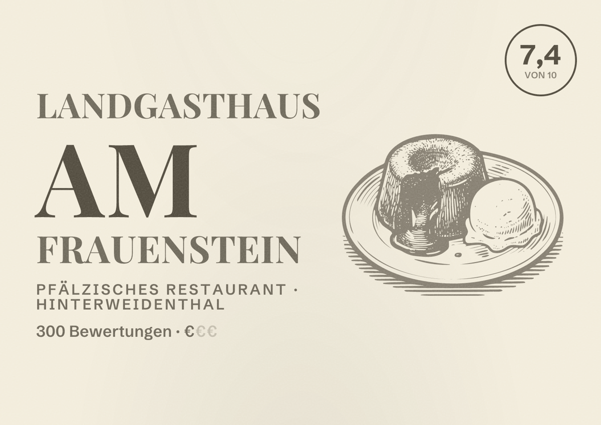 Illustriertes Poster von Landgasthaus Am Frauenstein, Pfälzisches Restaurant in Hinterweidenthal: Bewertung 7,4 von 10 aus 300 Bewertungen, Preisniveau €