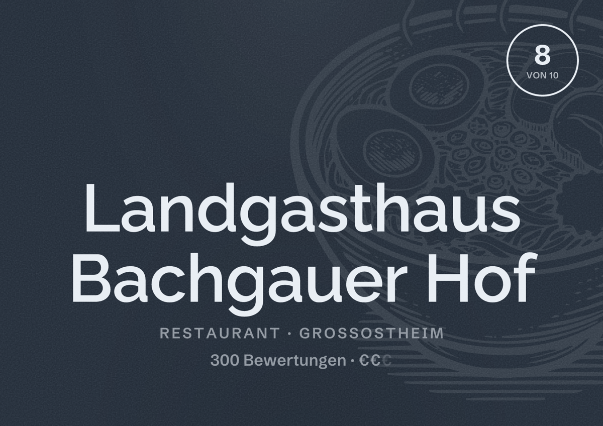 Illustriertes Poster von Landgasthaus Bachgauer Hof, Restaurant in Großostheim: Bewertung 8 von 10 aus 300 Bewertungen, Preisniveau €€