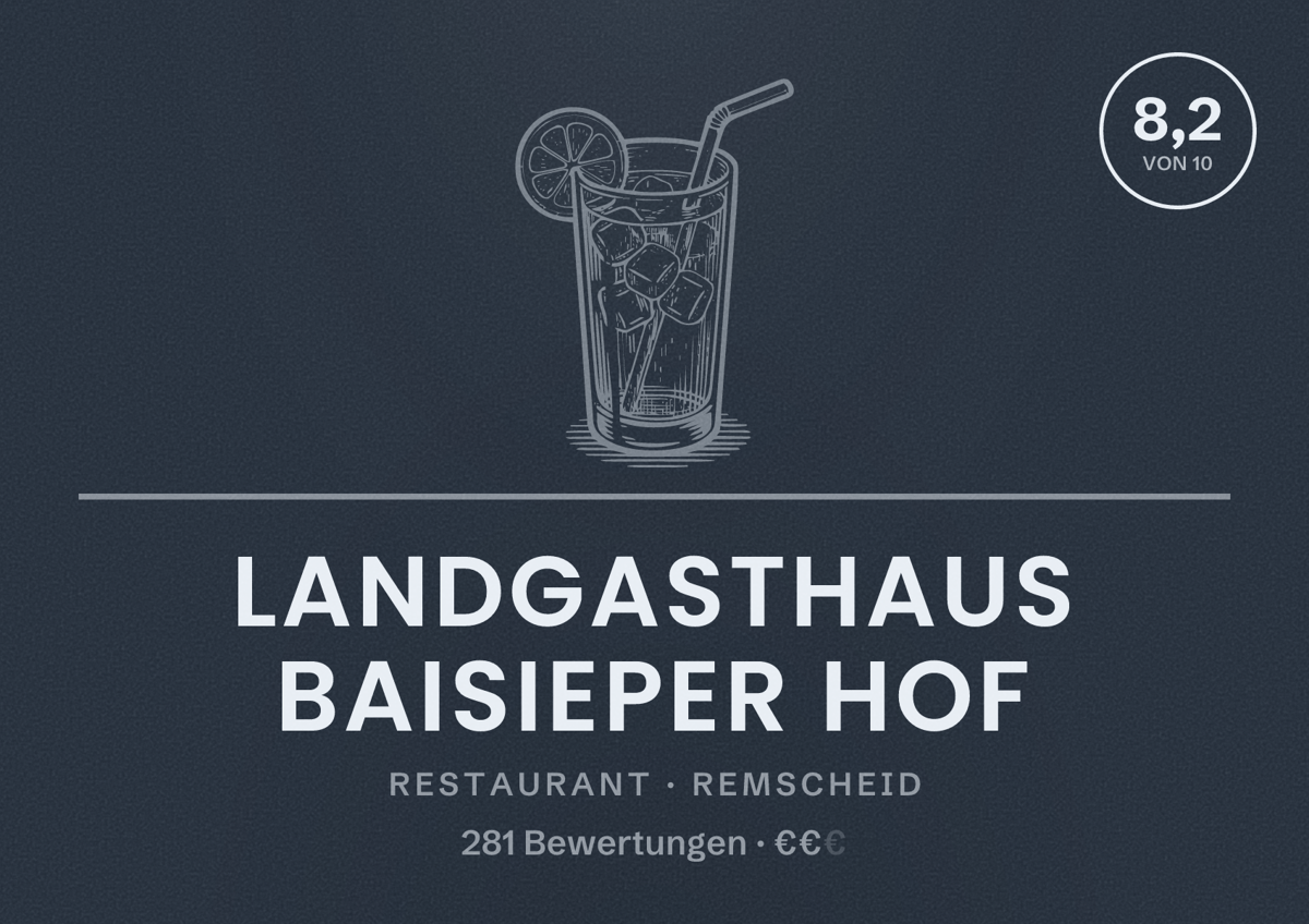 Illustriertes Poster von Landgasthaus Baisieper Hof, Restaurant in Remscheid: Bewertung 8,2 von 10 aus 281 Bewertungen, Preisniveau €€