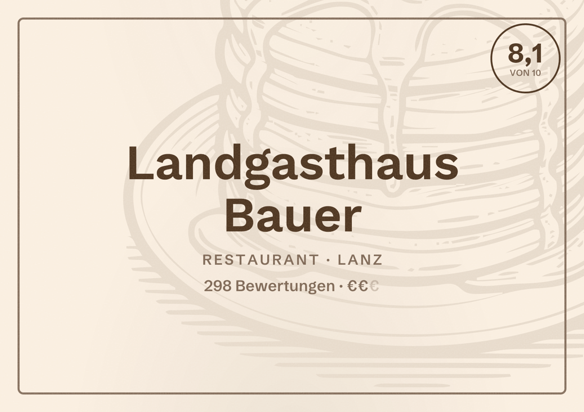 Illustriertes Poster von Landgasthaus Bauer, Restaurant in Lanz: Bewertung 8,1 von 10 aus 298 Bewertungen, Preisniveau €€