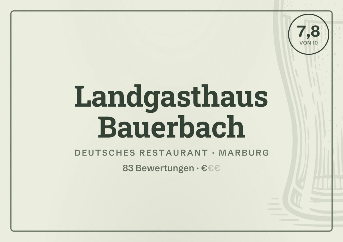 Illustriertes Poster von Landgasthaus Bauerbach, Deutsches Restaurant in Marburg: Bewertung 7,8 von 10 aus 83 Bewertungen, Preisniveau €