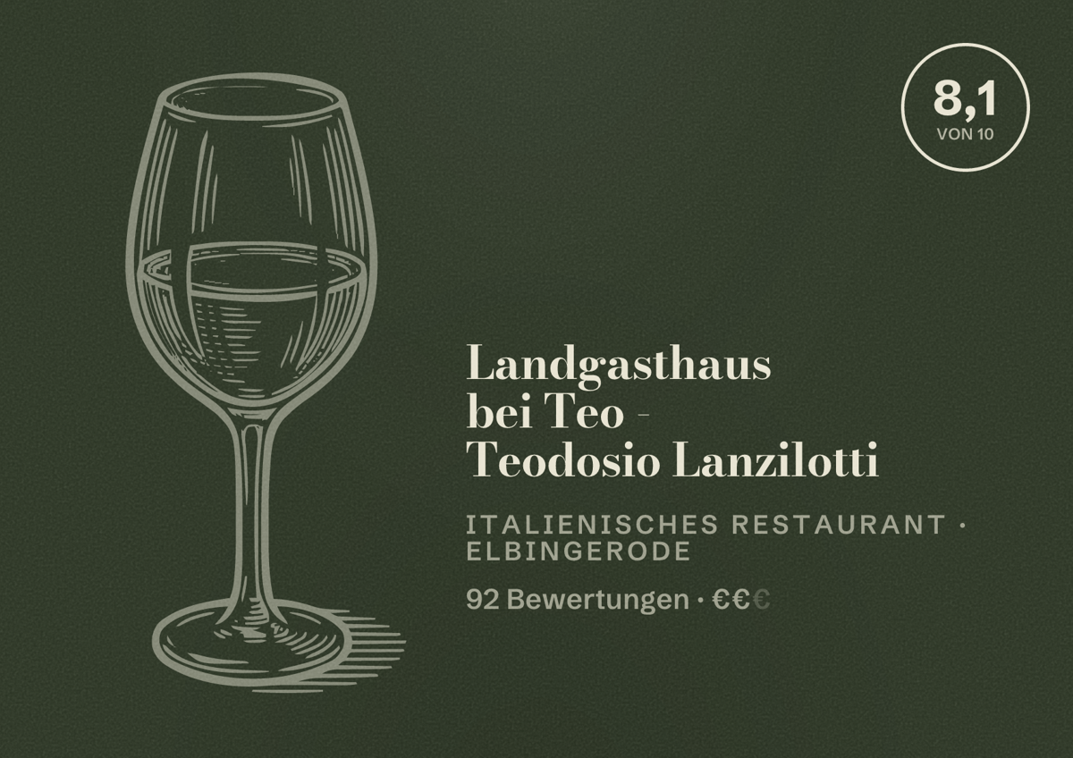 Illustriertes Poster von Landgasthaus bei Teo - Teodosio Lanzilotti, Italienisches Restaurant in Elbingerode: Bewertung 8,1 von 10 aus 92 Bewertungen, Preisniveau €€