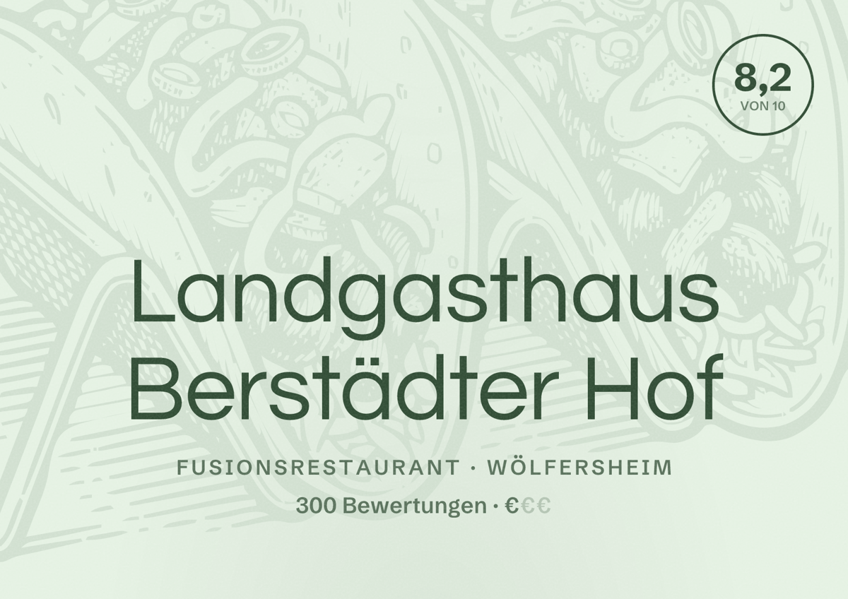 Illustriertes Poster von Landgasthaus Berstädter Hof, Fusionsrestaurant in Wölfersheim: Bewertung 8,2 von 10 aus 300 Bewertungen, Preisniveau €