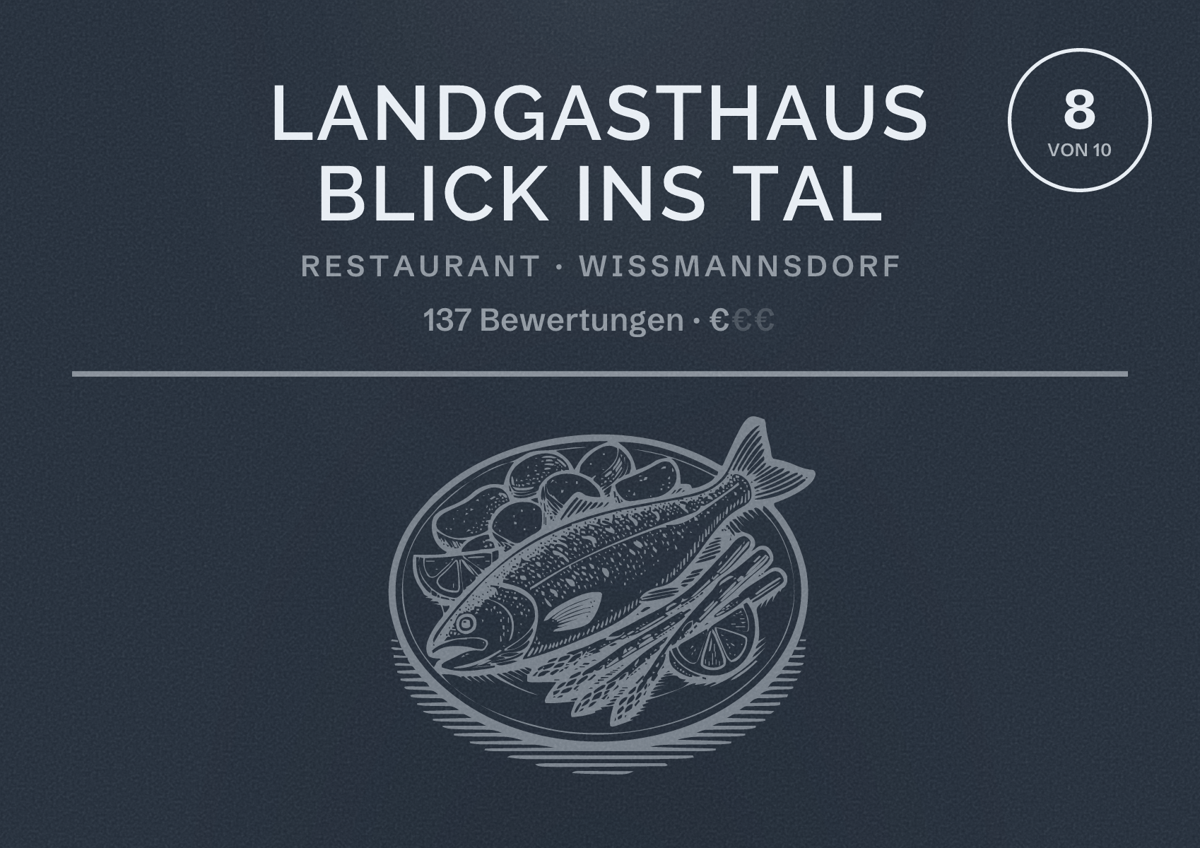 Illustriertes Poster von Landgasthaus Blick ins Tal, Restaurant in Wißmannsdorf: Bewertung 8 von 10 aus 137 Bewertungen, Preisniveau €