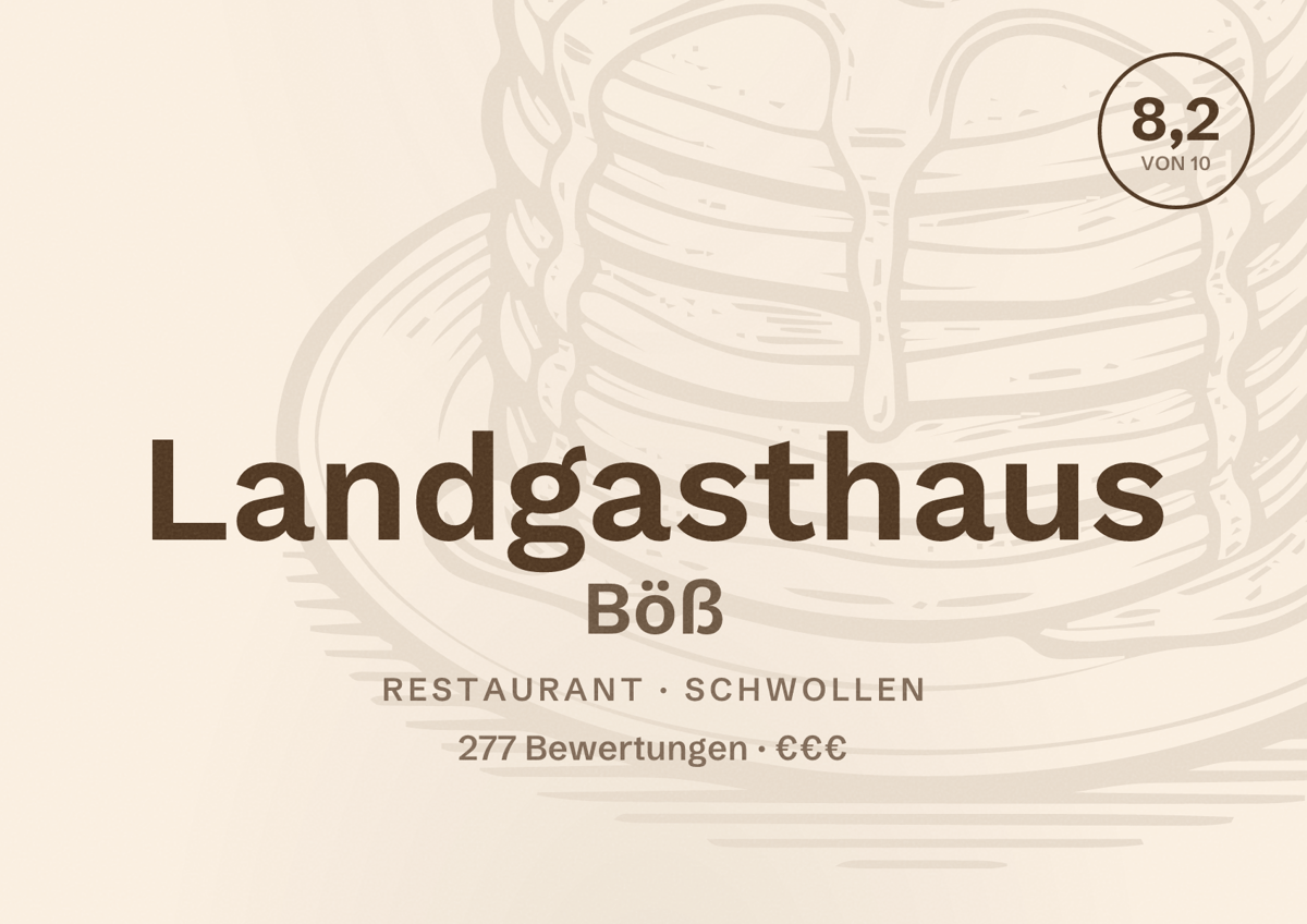 Illustriertes Poster von Landgasthaus Böß, Restaurant in Schwollen: Bewertung 8,2 von 10 aus 277 Bewertungen, Preisniveau €€€