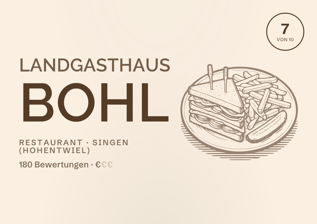 Illustriertes Poster von Landgasthaus Bohl, Restaurant in Singen (Hohentwiel): Bewertung 7 von 10 aus 180 Bewertungen, Preisniveau €