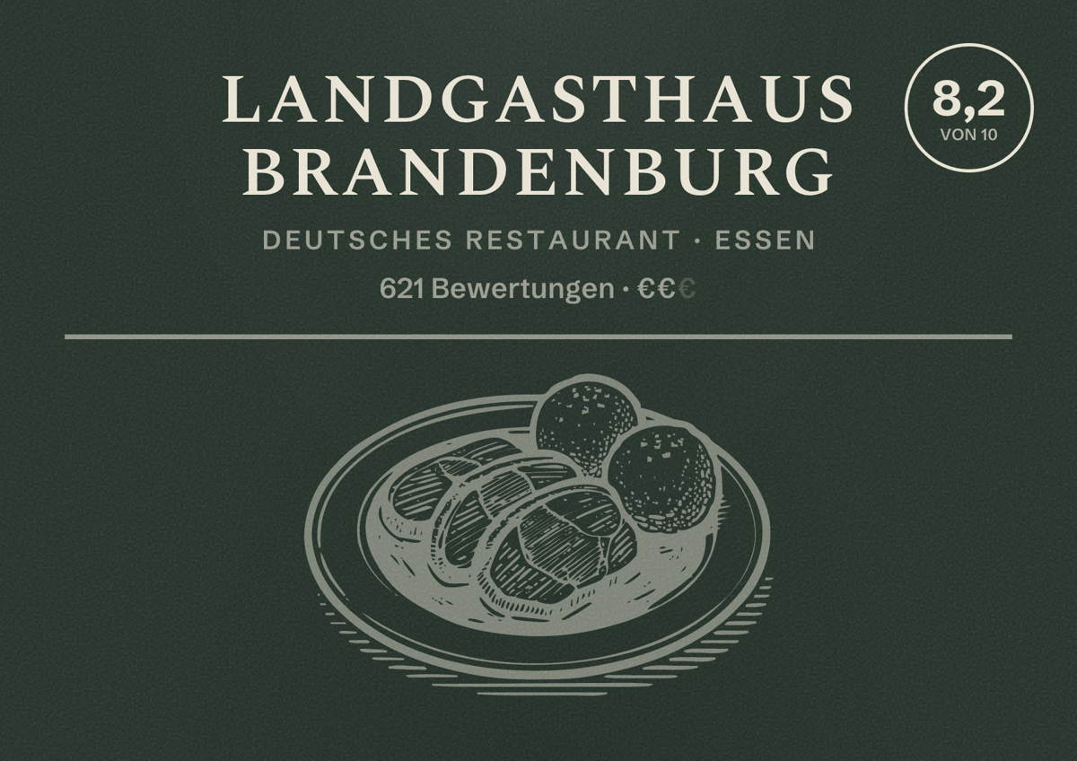 Illustriertes Poster von Landgasthaus Brandenburg, Deutsches Restaurant in Essen: Bewertung 8,2 von 10 aus 621 Bewertungen, Preisniveau €€