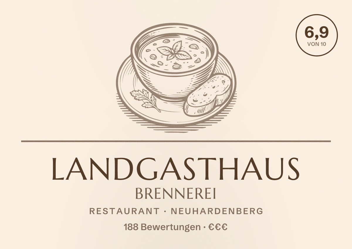 Illustriertes Poster von Landgasthaus Brennerei, Restaurant in Neuhardenberg: Bewertung 6,9 von 10 aus 188 Bewertungen, Preisniveau €€€