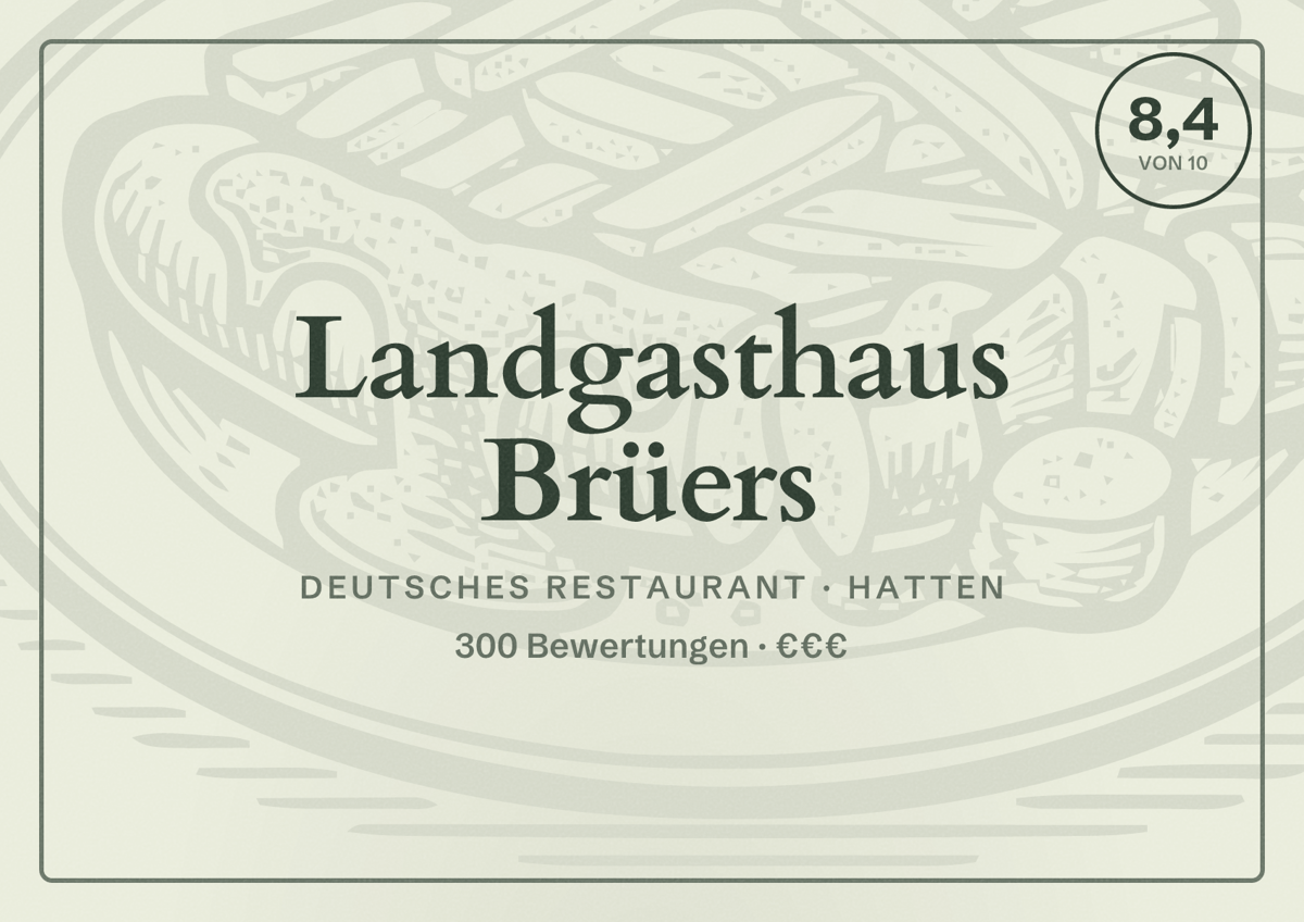 Illustriertes Poster von Landgasthaus Brüers, Deutsches Restaurant in Hatten: Bewertung 8,4 von 10 aus 300 Bewertungen, Preisniveau €€€