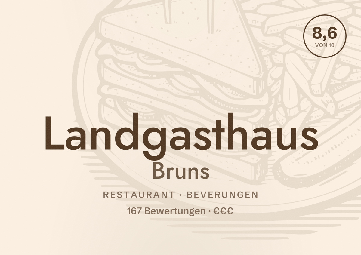 Illustriertes Poster von Landgasthaus Bruns, Restaurant in Beverungen: Bewertung 8,6 von 10 aus 167 Bewertungen, Preisniveau €€€
