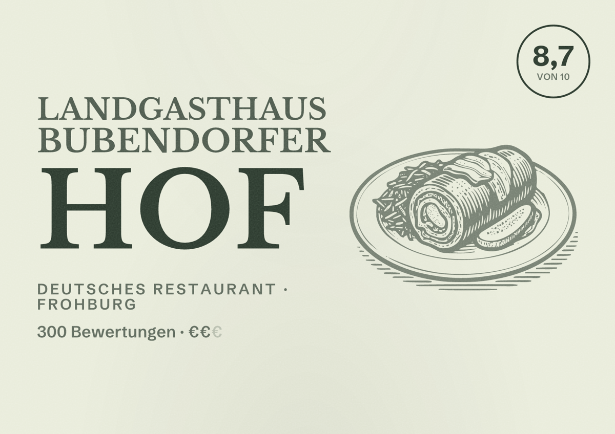 Illustriertes Poster von Landgasthaus Bubendorfer Hof, Deutsches Restaurant in Frohburg: Bewertung 8,7 von 10 aus 300 Bewertungen, Preisniveau €€