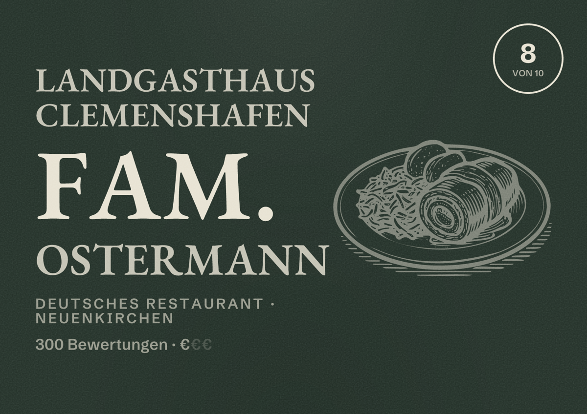 Illustriertes Poster von Landgasthaus Clemenshafen Fam. Ostermann, Deutsches Restaurant in Neuenkirchen: Bewertung 8 von 10 aus 300 Bewertungen, Preisniveau €