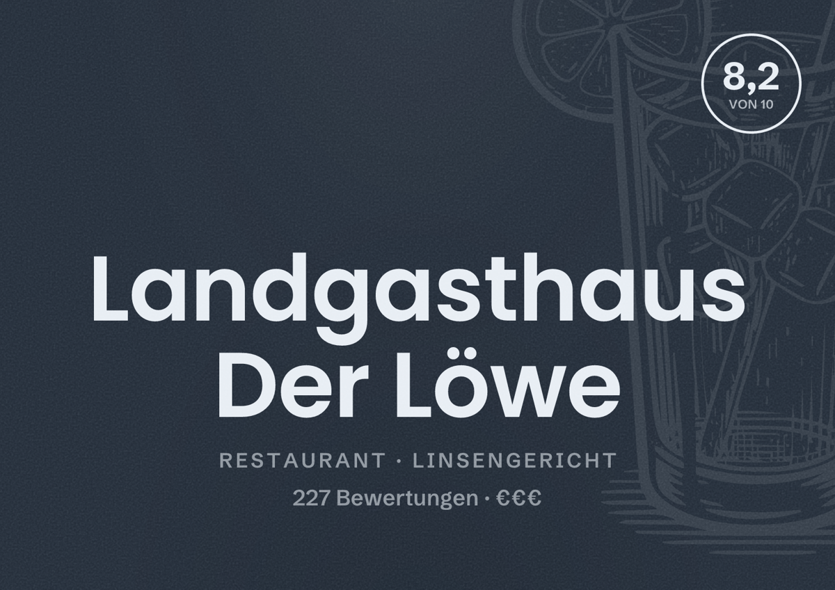 Illustriertes Poster von Landgasthaus Der Löwe, Restaurant in Linsengericht: Bewertung 8,2 von 10 aus 227 Bewertungen, Preisniveau €€€