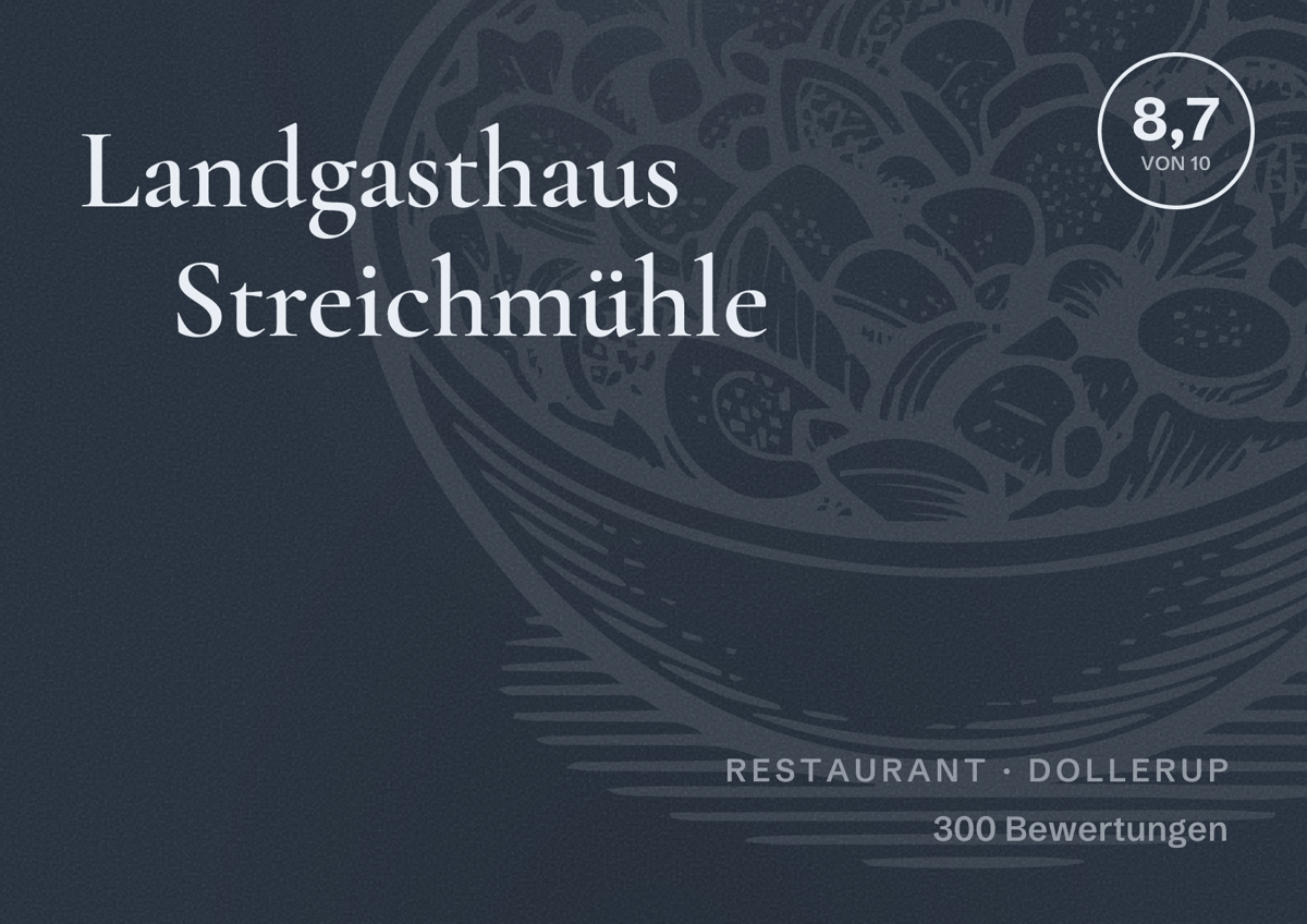 Illustriertes Poster von Landgasthaus Streichmühle, Restaurant in Dollerup: Bewertung 8,7 von 10 aus 300 Bewertungen