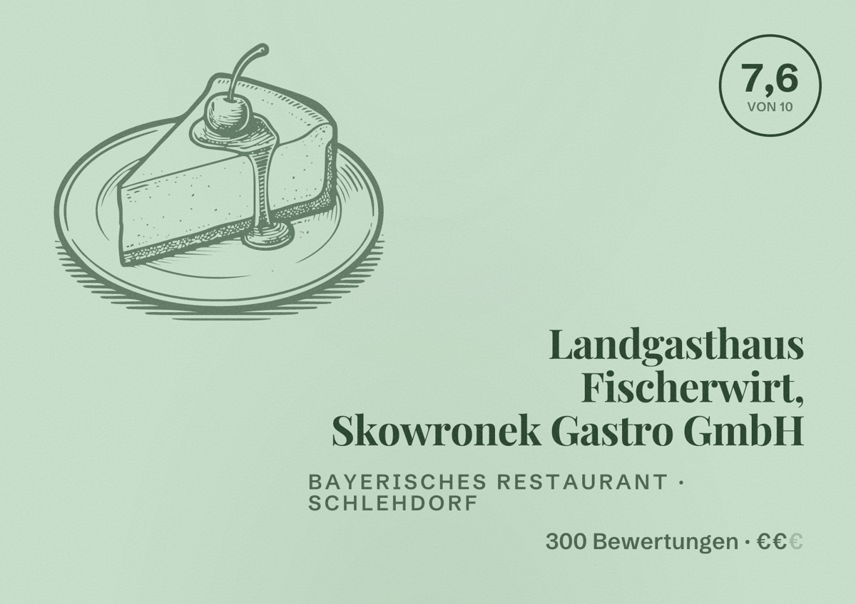 Illustriertes Poster von Landgasthaus Fischerwirt, Skowronek Gastro GmbH, Bayerisches Restaurant in Schlehdorf: Bewertung 7,6 von 10 aus 300 Bewertungen, Preisniveau €€