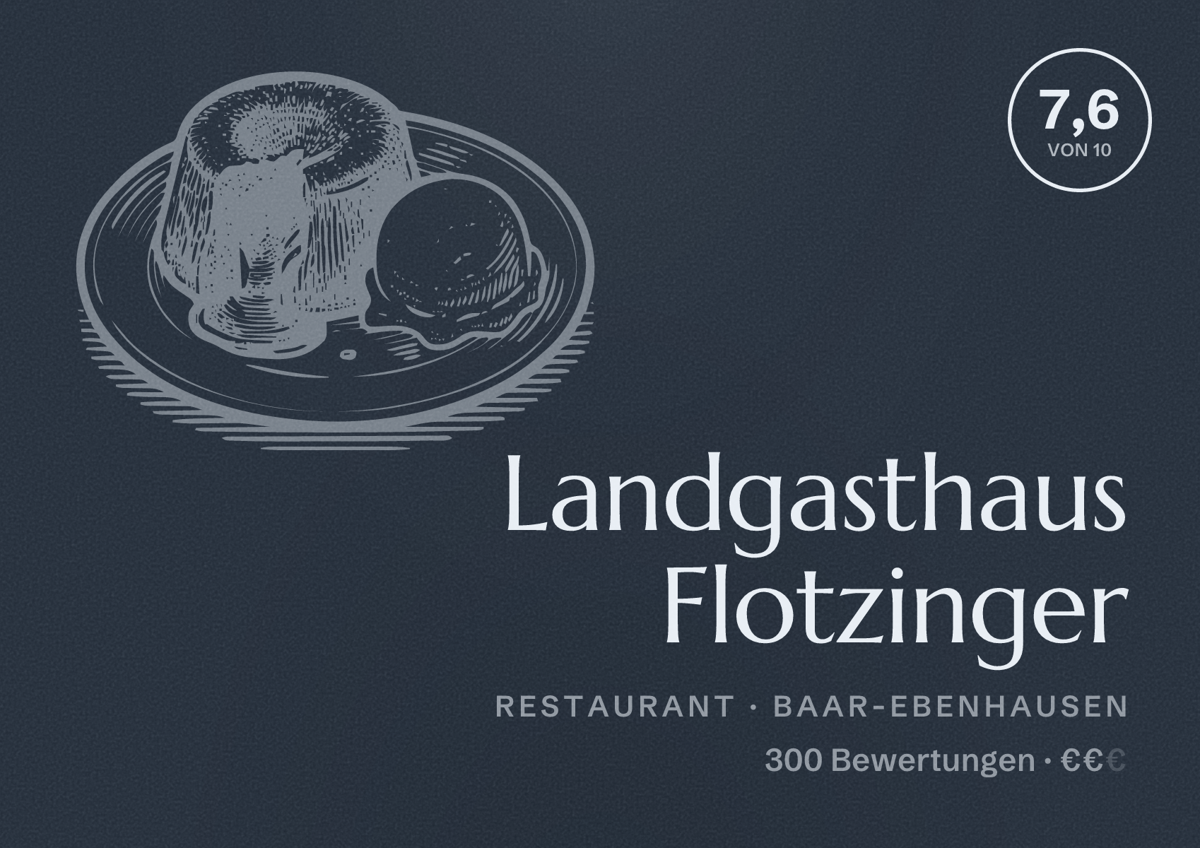 Illustriertes Poster von Landgasthaus Flotzinger, Restaurant in Baar-Ebenhausen: Bewertung 7,6 von 10 aus 300 Bewertungen, Preisniveau €€