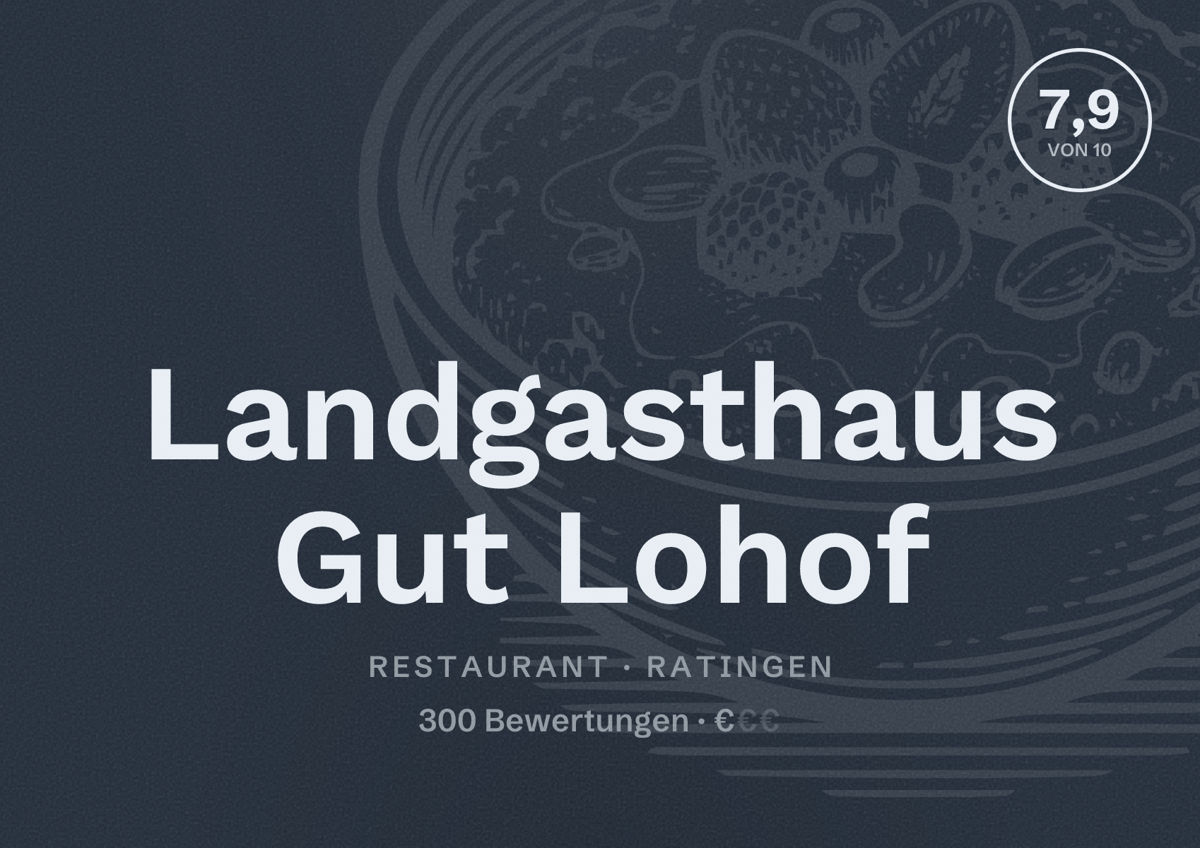 Illustriertes Poster von Landgasthaus Gut Lohof, Restaurant in Ratingen: Bewertung 7,9 von 10 aus 300 Bewertungen, Preisniveau €
