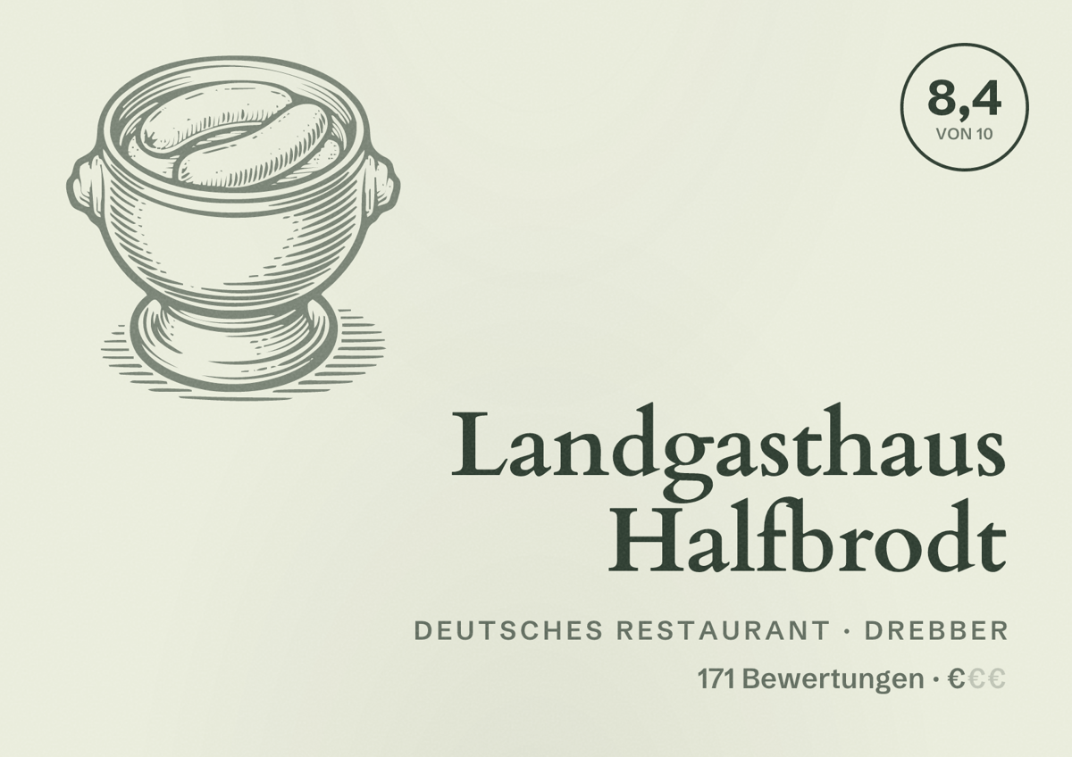 Illustriertes Poster von Landgasthaus Halfbrodt, Deutsches Restaurant in Drebber: Bewertung 8,4 von 10 aus 171 Bewertungen, Preisniveau €