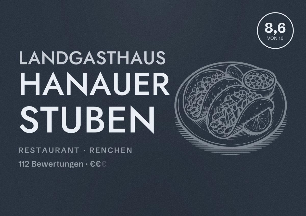 Illustriertes Poster von Landgasthaus Hanauer Stuben, Restaurant in Renchen: Bewertung 8,6 von 10 aus 112 Bewertungen, Preisniveau €€