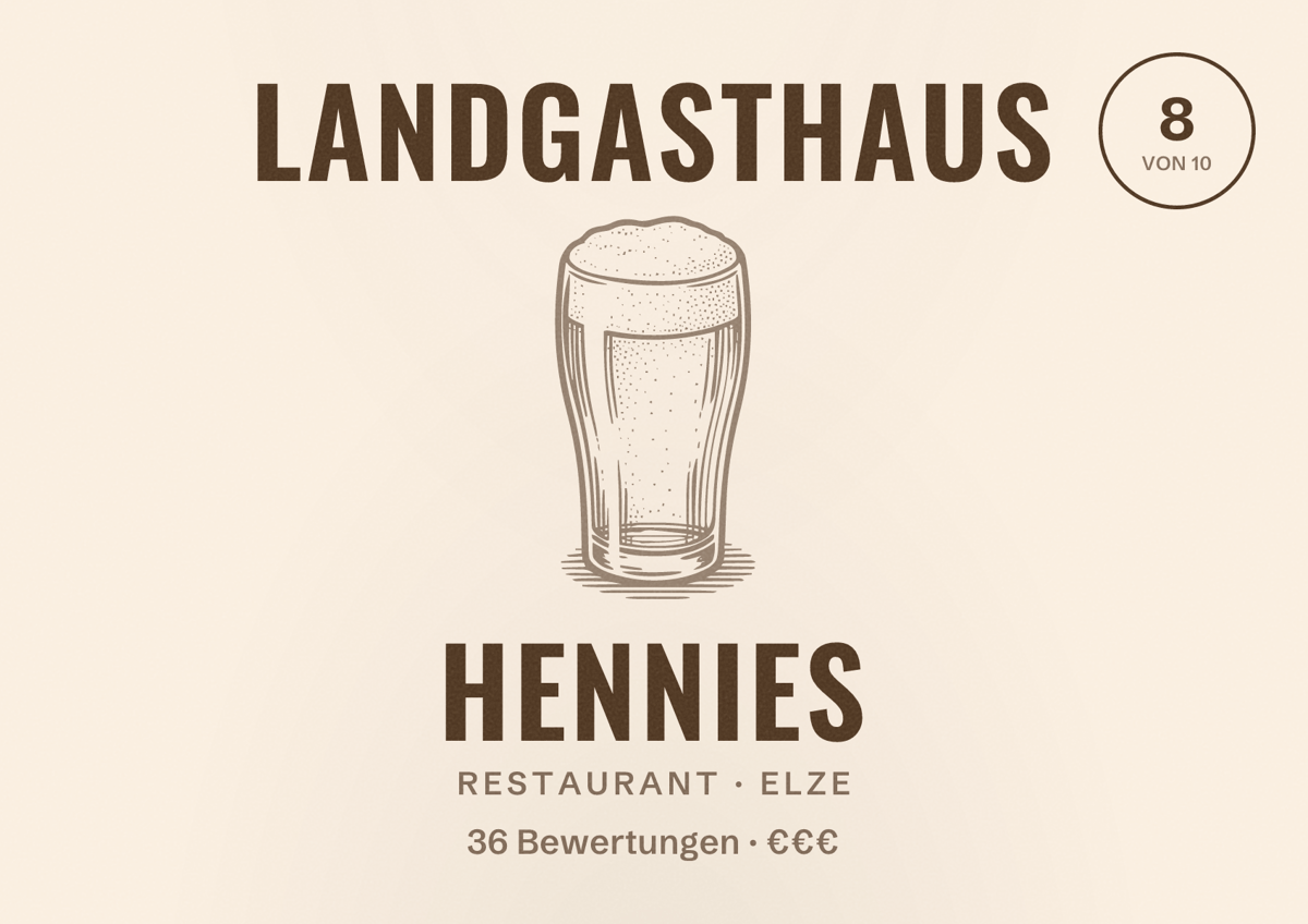 Illustriertes Poster von Landgasthaus Hennies, Restaurant in Elze: Bewertung 8 von 10 aus 36 Bewertungen, Preisniveau €€€