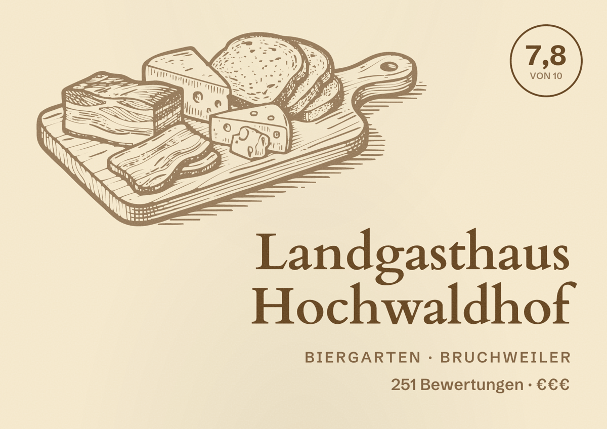 Illustriertes Poster von Landgasthaus Hochwaldhof, Biergarten in Bruchweiler: Bewertung 7,8 von 10 aus 251 Bewertungen, Preisniveau €€€