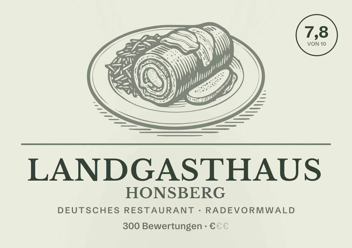Illustriertes Poster von Landgasthaus Honsberg, Deutsches Restaurant in Radevormwald: Bewertung 7,8 von 10 aus 300 Bewertungen, Preisniveau €