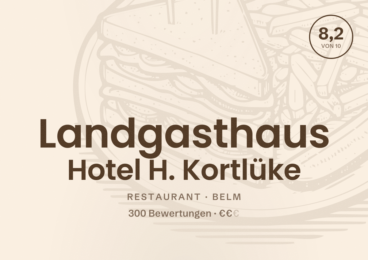 Illustriertes Poster von Landgasthaus Hotel H. Kortlüke, Restaurant in Belm: Bewertung 8,2 von 10 aus 300 Bewertungen, Preisniveau €€