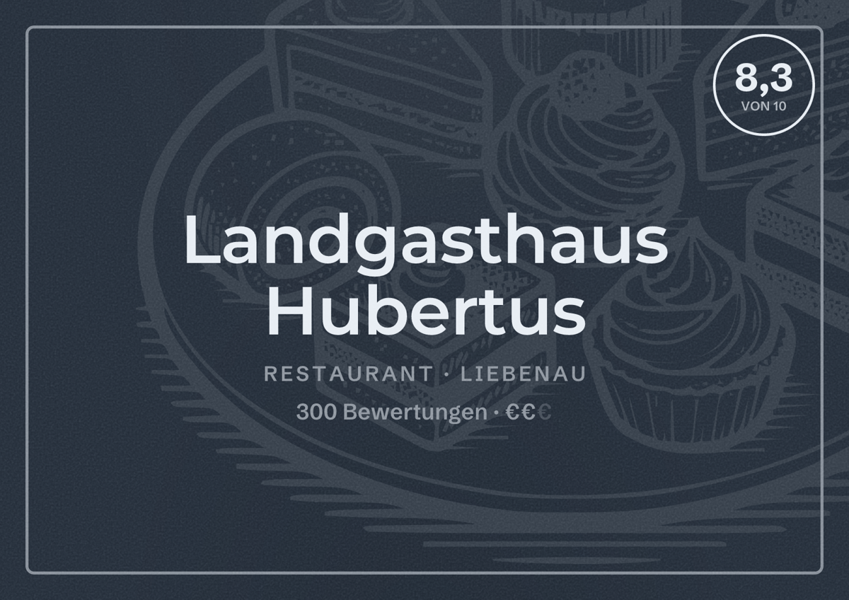 Illustriertes Poster von Landgasthaus Hubertus, Restaurant in Liebenau: Bewertung 8,3 von 10 aus 300 Bewertungen, Preisniveau €€