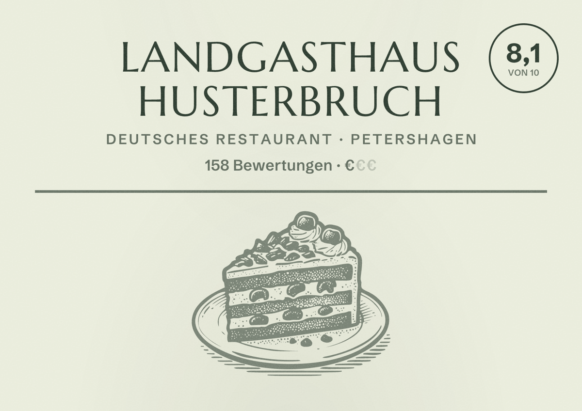 Illustriertes Poster von Landgasthaus Husterbruch, Deutsches Restaurant in Petershagen: Bewertung 8,1 von 10 aus 158 Bewertungen, Preisniveau €