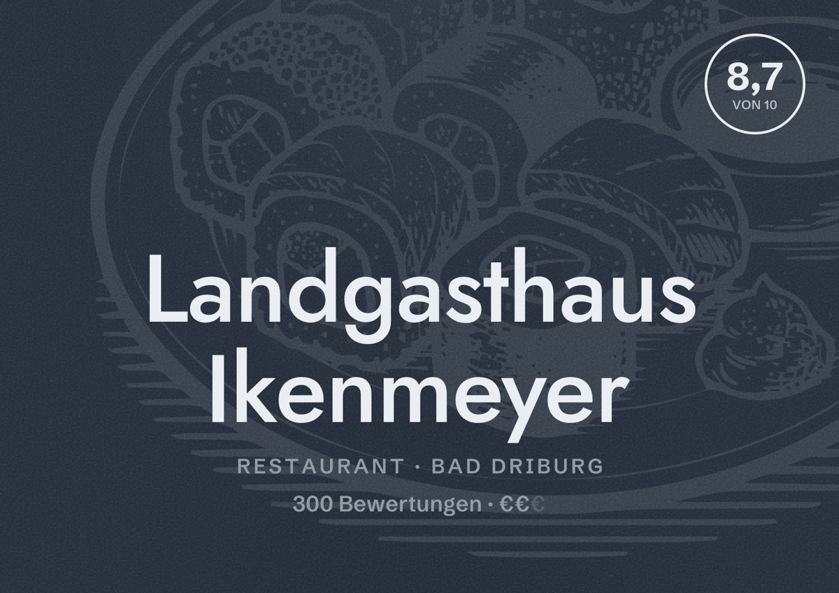 Illustriertes Poster von Landgasthaus Ikenmeyer, Restaurant in Bad Driburg: Bewertung 8,7 von 10 aus 300 Bewertungen, Preisniveau €€