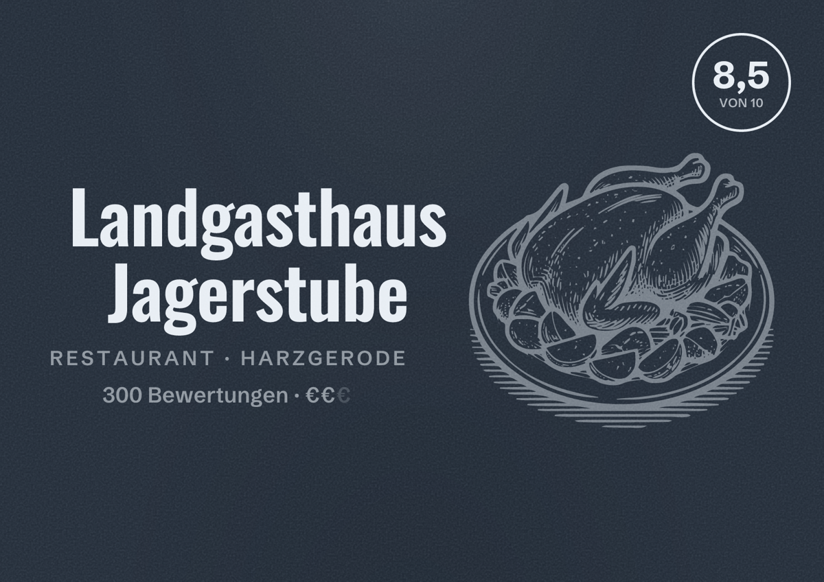Illustriertes Poster von Landgasthaus Jagerstube, Restaurant in Harzgerode: Bewertung 8,5 von 10 aus 300 Bewertungen, Preisniveau €€