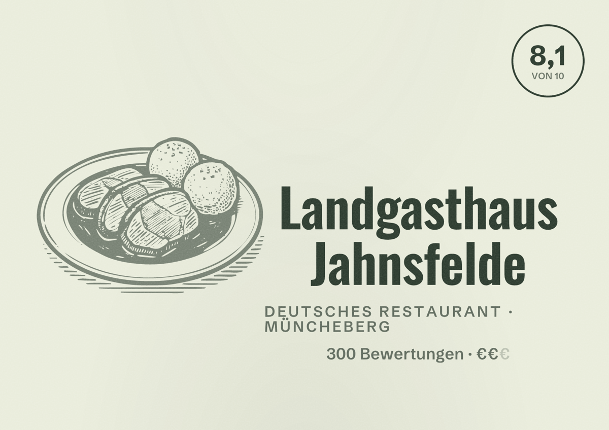 Illustriertes Poster von Landgasthaus Jahnsfelde, Deutsches Restaurant in Müncheberg: Bewertung 8,1 von 10 aus 300 Bewertungen, Preisniveau €€
