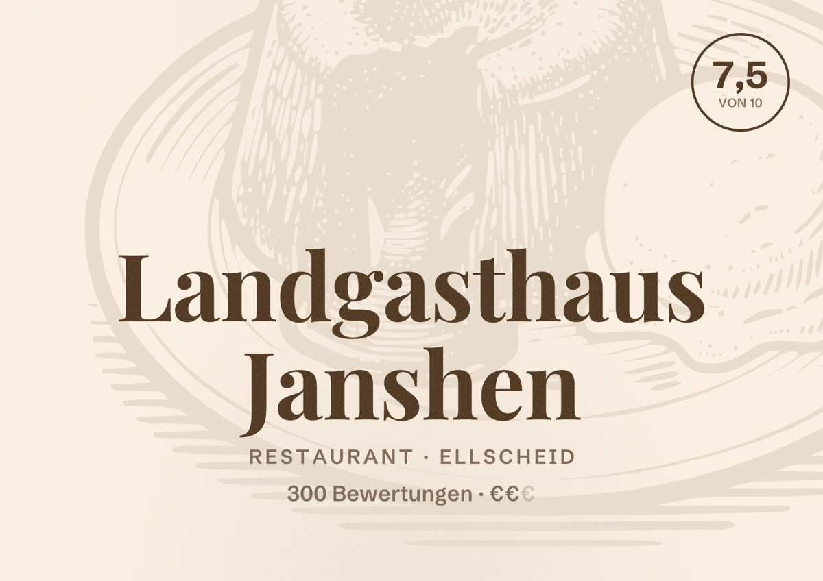 Illustriertes Poster von Landgasthaus Janshen, Restaurant in Ellscheid: Bewertung 7,5 von 10 aus 300 Bewertungen, Preisniveau €€