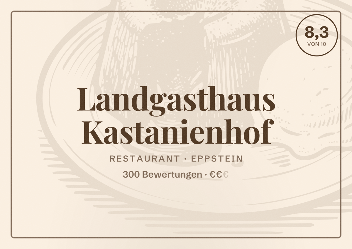 Illustriertes Poster von Landgasthaus Kastanienhof, Restaurant in Eppstein: Bewertung 8,3 von 10 aus 300 Bewertungen, Preisniveau €€