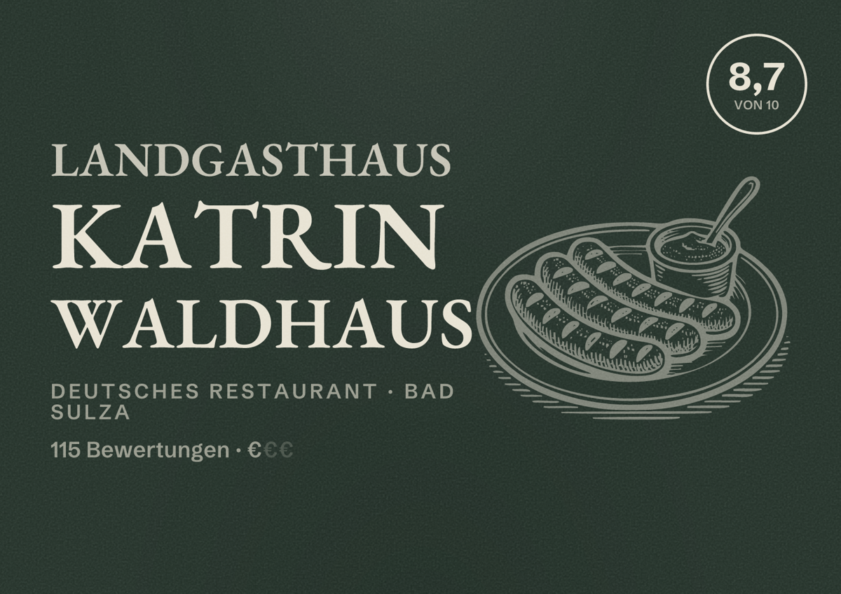Illustriertes Poster von Landgasthaus Katrin Waldhaus, Deutsches Restaurant in Bad Sulza: Bewertung 8,7 von 10 aus 115 Bewertungen, Preisniveau €