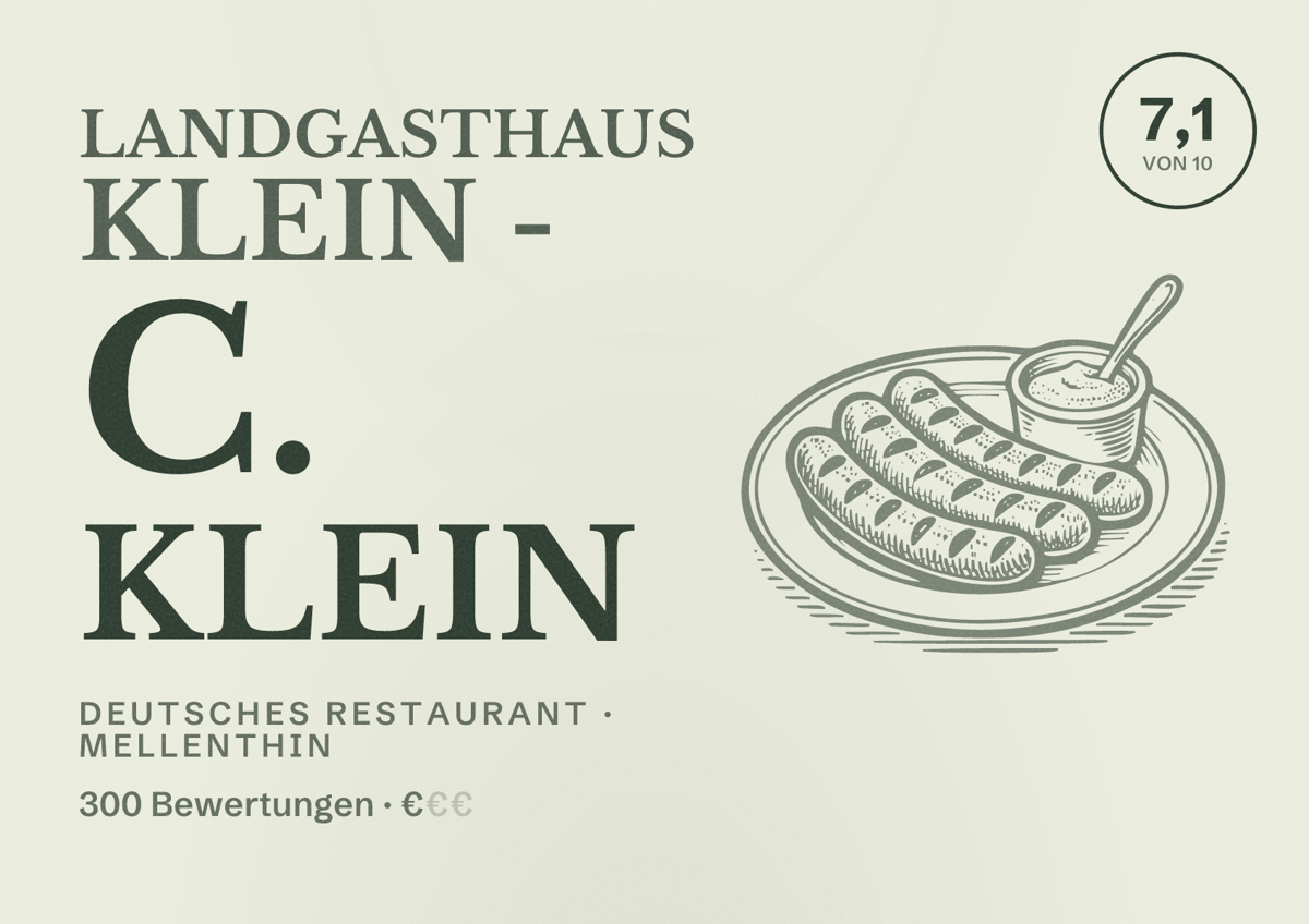 Illustriertes Poster von Landgasthaus Klein - C. Klein, Deutsches Restaurant in Mellenthin: Bewertung 7,1 von 10 aus 300 Bewertungen, Preisniveau €