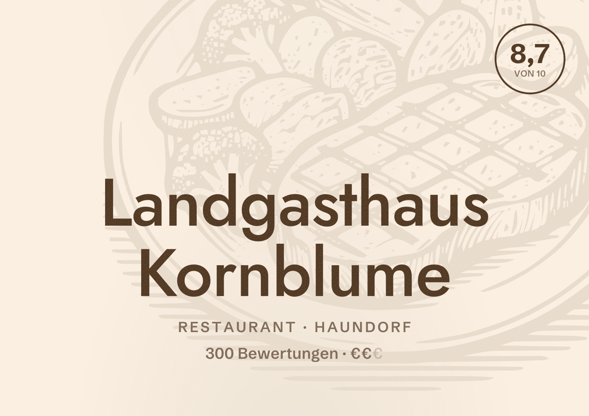 Illustriertes Poster von Landgasthaus Kornblume, Restaurant in Haundorf: Bewertung 8,7 von 10 aus 300 Bewertungen, Preisniveau €€