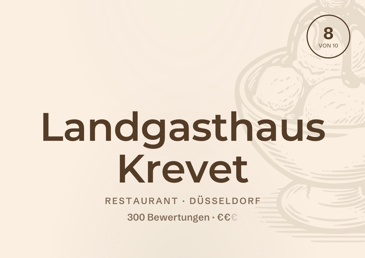 Illustriertes Poster von Landgasthaus Krevet, Restaurant in Düsseldorf: Bewertung 8,0 von 10 aus 300 Bewertungen, Preisniveau €€