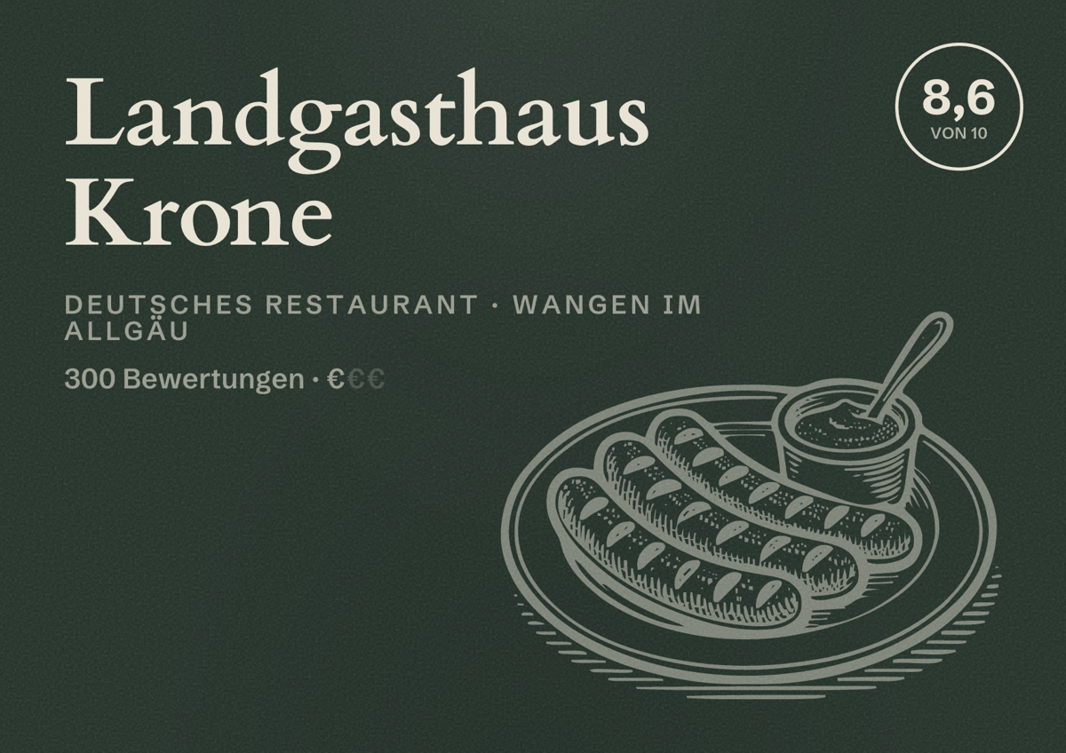 Illustriertes Poster von Landgasthaus Krone, Deutsches Restaurant in Wangen im Allgäu: Bewertung 8,6 von 10 aus 300 Bewertungen, Preisniveau €