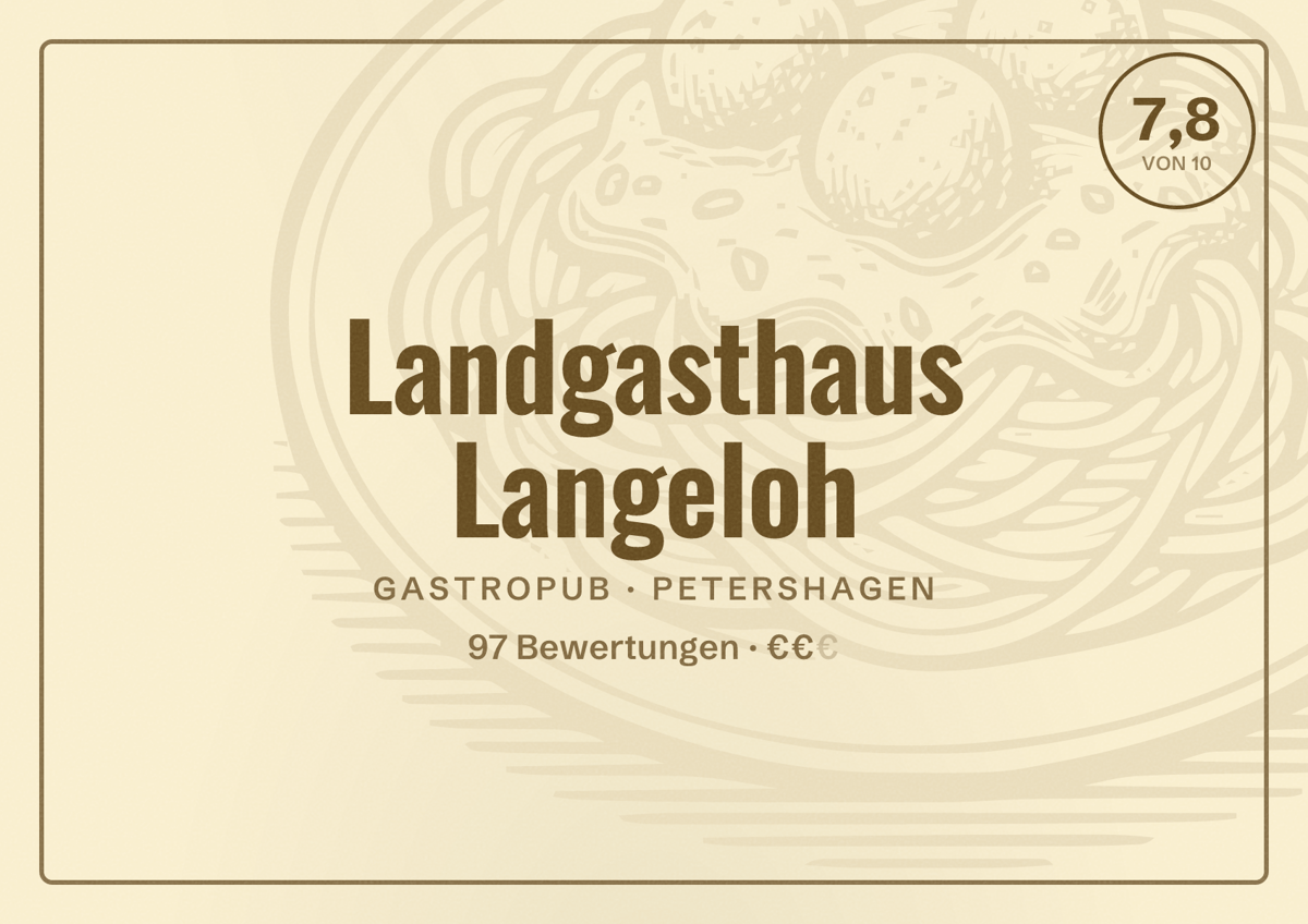 Illustriertes Poster von Landgasthaus Langeloh, Gastropub in Petershagen: Bewertung 7,8 von 10 aus 97 Bewertungen, Preisniveau €€