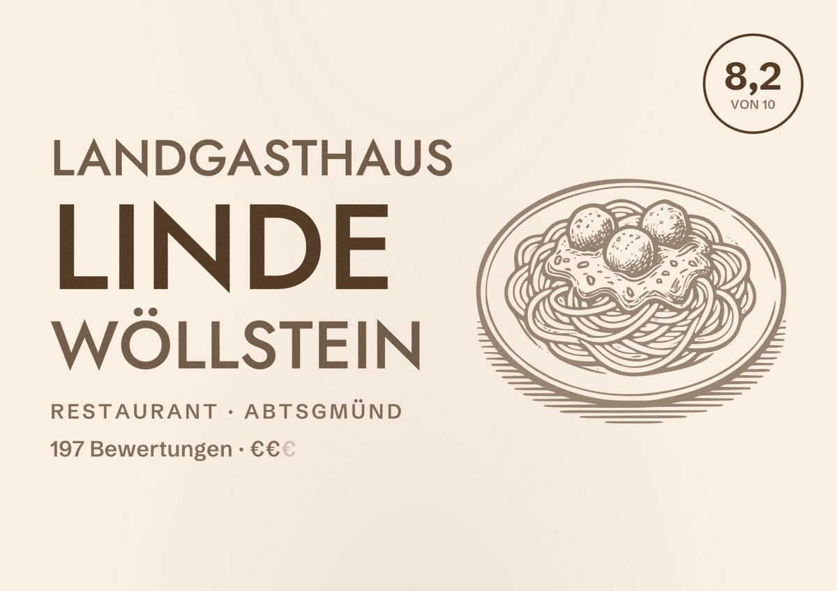 Illustriertes Poster von Landgasthaus Linde Wöllstein, Restaurant in Abtsgmünd: Bewertung 8,2 von 10 aus 197 Bewertungen, Preisniveau €€
