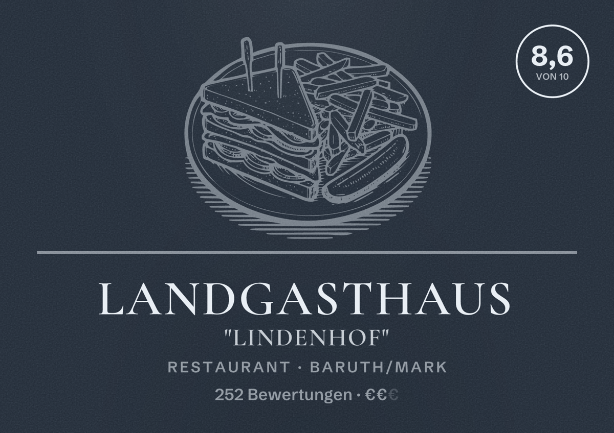 Illustriertes Poster von Landgasthaus "Lindenhof", Restaurant in Baruth/Mark: Bewertung 8,6 von 10 aus 252 Bewertungen, Preisniveau €€