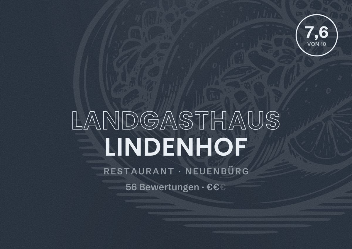 Illustriertes Poster von Landgasthaus Lindenhof, Restaurant in Neuenbürg: Bewertung 7,6 von 10 aus 56 Bewertungen, Preisniveau €€