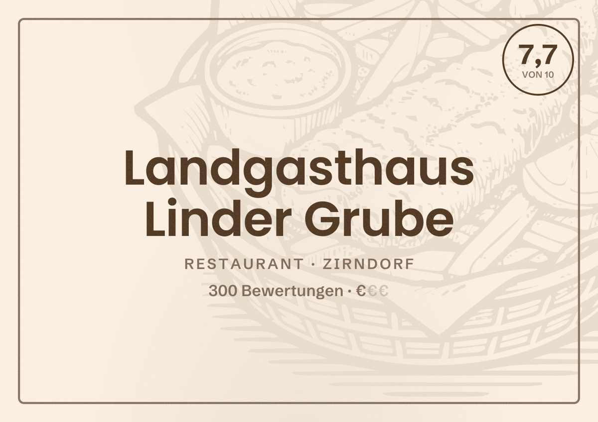 Illustriertes Poster von Landgasthaus Linder Grube, Restaurant in Zirndorf: Bewertung 7,7 von 10 aus 300 Bewertungen, Preisniveau €