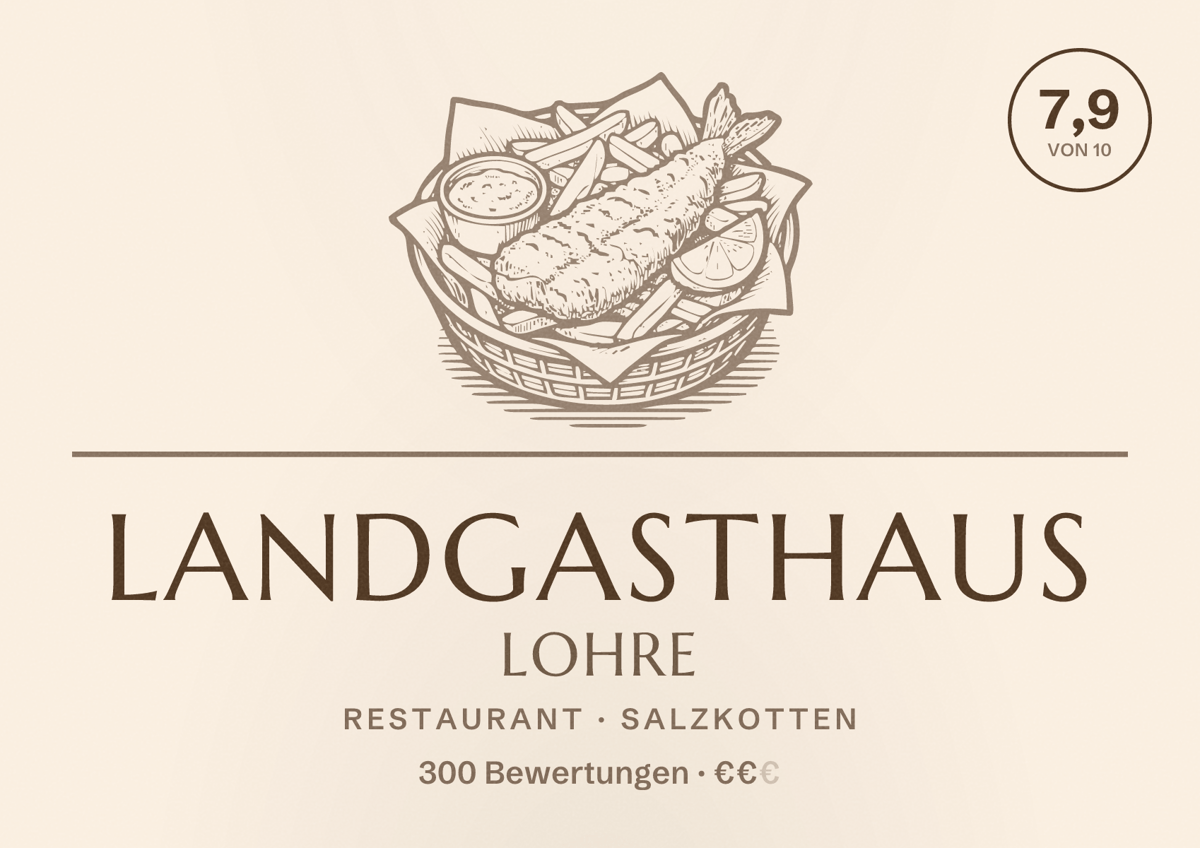 Illustriertes Poster von Landgasthaus Lohre, Restaurant in Salzkotten: Bewertung 7,9 von 10 aus 300 Bewertungen, Preisniveau €€