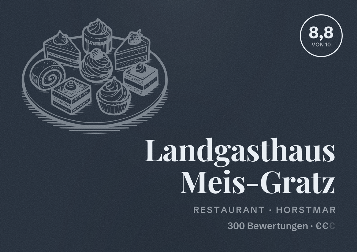 Illustriertes Poster von Landgasthaus Meis-Gratz, Restaurant in Horstmar: Bewertung 8,8 von 10 aus 300 Bewertungen, Preisniveau €€