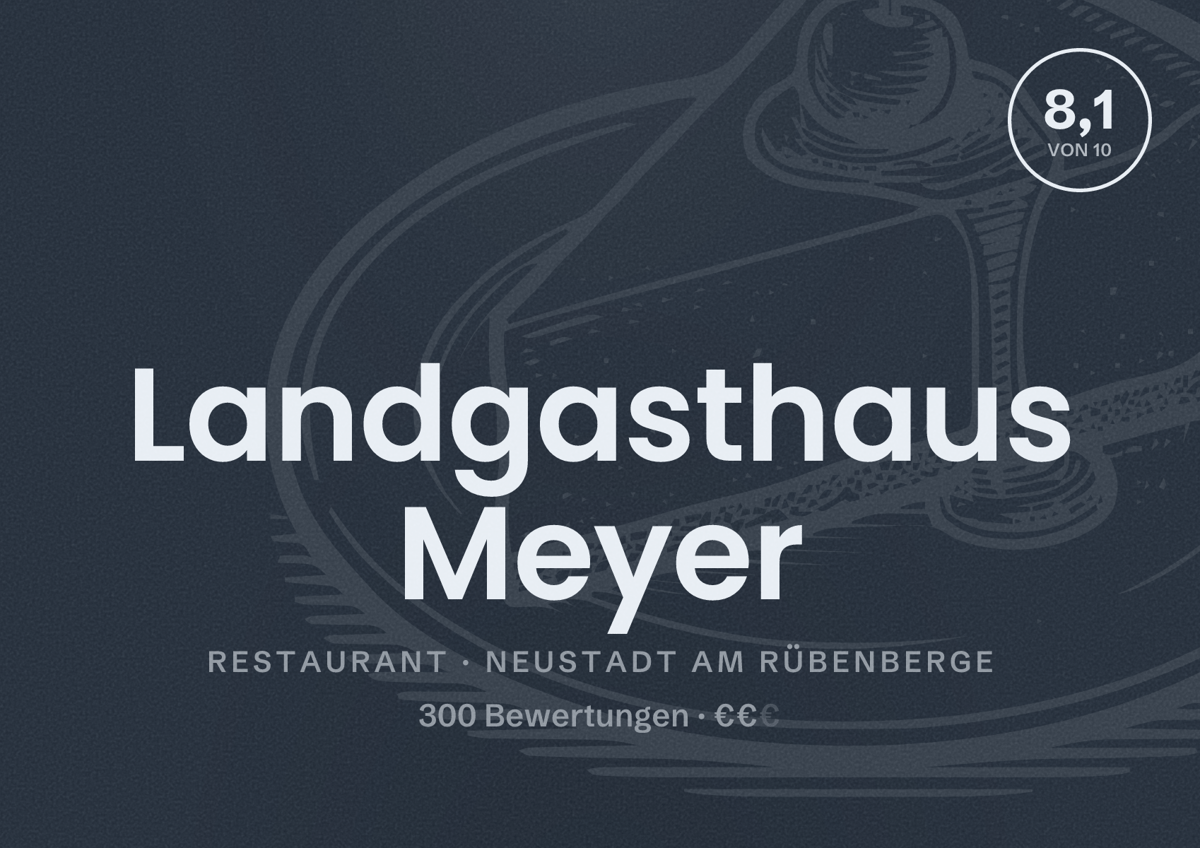 Illustriertes Poster von Landgasthaus Meyer, Restaurant in Neustadt am Rübenberge: Bewertung 8,1 von 10 aus 300 Bewertungen, Preisniveau €€