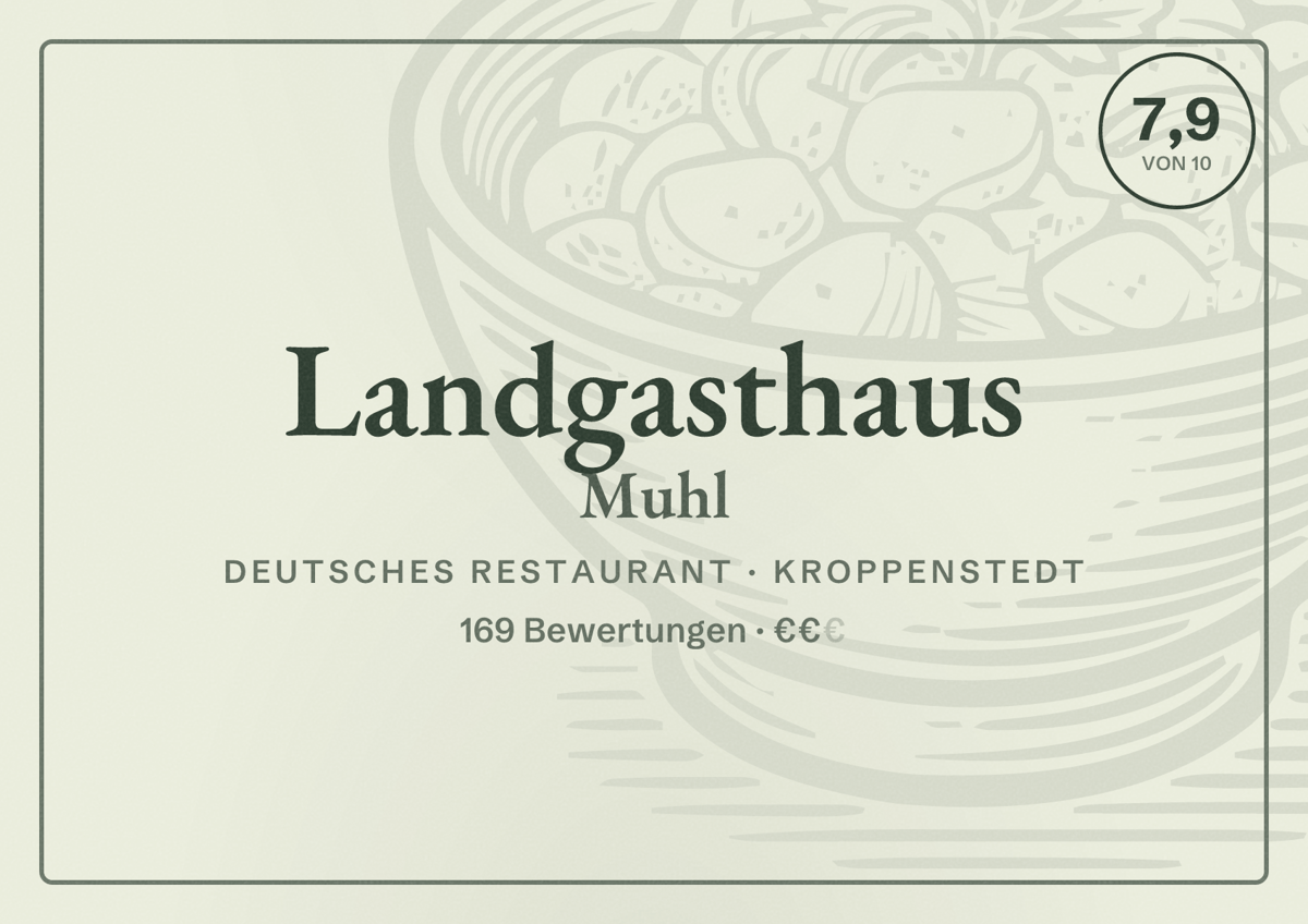 Illustriertes Poster von Landgasthaus Muhl, Deutsches Restaurant in Kroppenstedt: Bewertung 7,9 von 10 aus 169 Bewertungen, Preisniveau €€