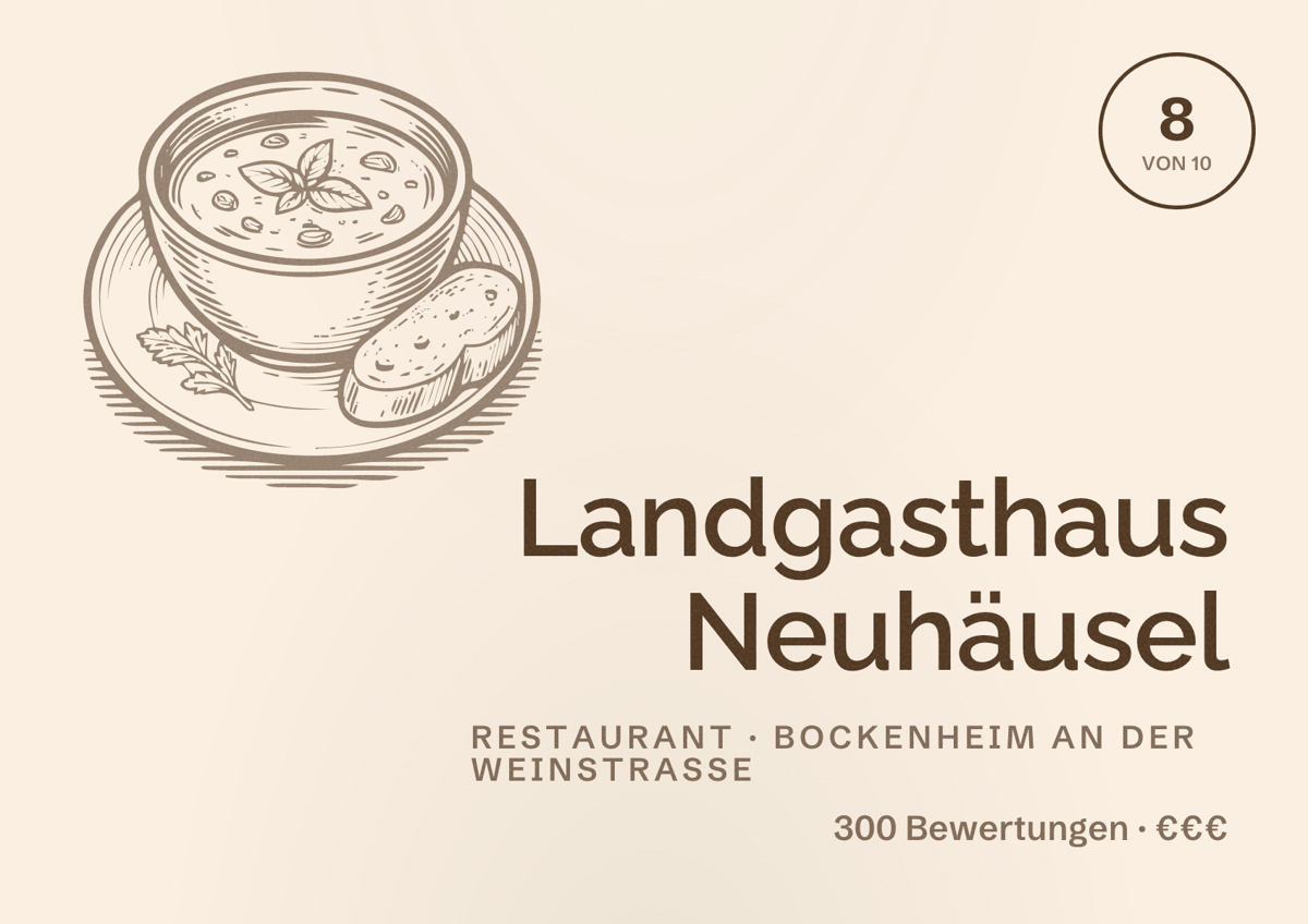 Illustriertes Poster von Landgasthaus Neuhäusel, Restaurant in Bockenheim an der Weinstraße: Bewertung 8 von 10 aus 300 Bewertungen, Preisniveau €€€